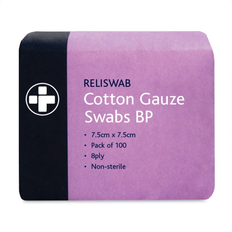 Reliswab Cotton Gauze Swabs BP - 8 Ply - 7.5cm x 7.5cm - Pack of 100 - Image 2