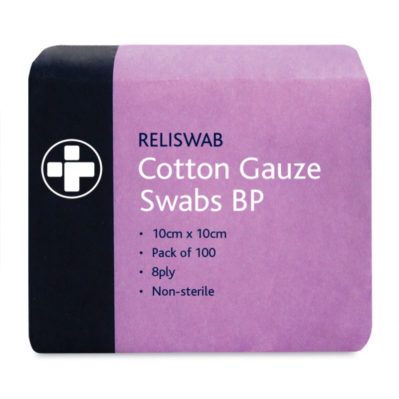 Reliswab Cotton Gauze Swabs BP - 8 Ply - 10cm x 10cm - Pack of 100 - Image 2