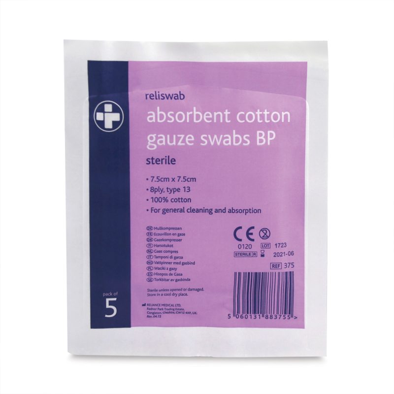 Reliswab Absorbent Cotton Gauze Swabs BP - 8 Ply - 7.5cm x 7.5cm - Pack of 5 - Image 2